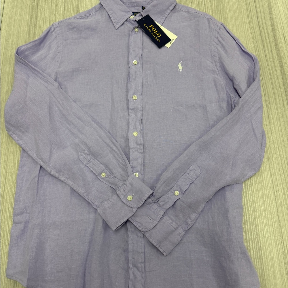 NWT Women’s Linen Polo by Ralph Lauren Lavender Long-Sleeve Button-Down Shirt